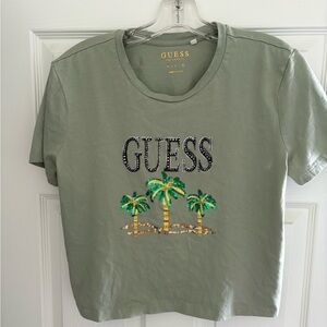 GUESS Olive Green Sequin Palm SZ XL Tee